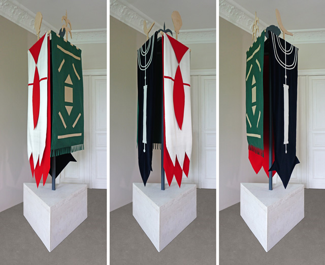 Ahmed Kamel - Artwork - With Us It’s Different - Flags, Sculpture, Fabric and Concrete, 100x100x290 cm, 2020